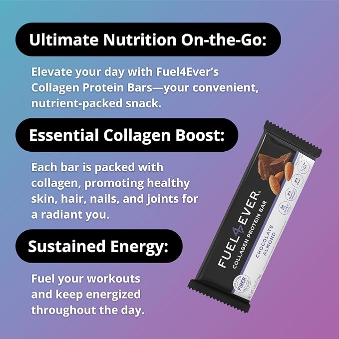 Fuel 4 Ever Collagen Protein Bars | 14G Protein Gluten Free Dairy Free No Stevia or Artificial Ingredients Added Sweetened with Honey | Chocolate Almond Flavor (Box of 12)