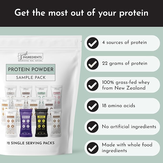 Protein Powder Made with 100% Grass Fed Non Denatured Whey | Four Different Protein Sources from Organic Whole Food Ingredients | 12 Servings | 22g Protein (12 Servings Sample Variety Pack)