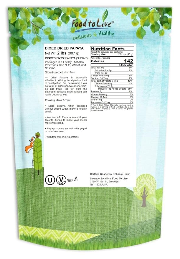 Food to Live Dried Diced Papaya 2 Pounds – Kosher Vegan Sweetened Unsulfured Bulk