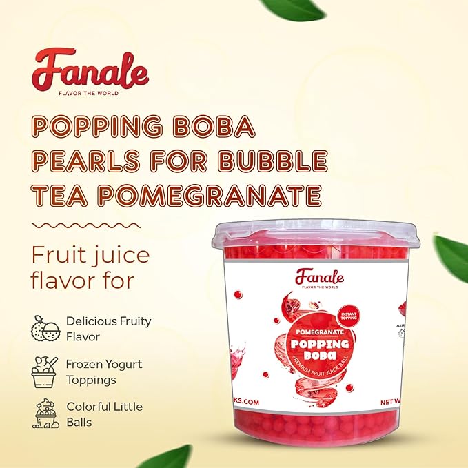 Fanale Pomegranate Popping Boba Pearls Vegan Non GMO Gluten Free Fat Free Perfect for Bubble Tea Smoothies Ice Cream Desserts and Beverages.