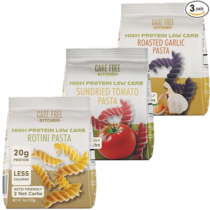 Care Free Kitchen Rotini Keto Pasta Noodles Variety 3-Pack (8 oz. Bags) Plain Sundried Tomato Roasted Garlic 20g High Protein Low Carb 2g Net Carbs 26g High Fiber