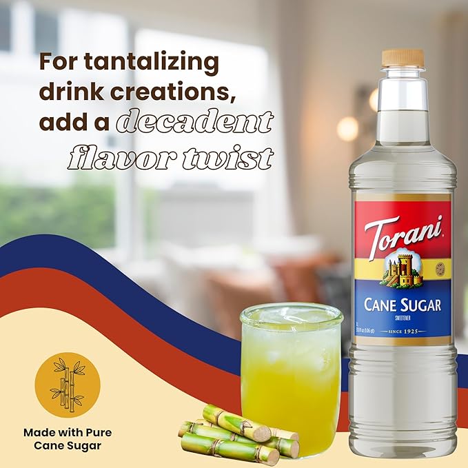 Torani Cane Sugar Sweetener Coffee Syrup 1 Liter Bottle with Pump Dispenser – Pure Cane Sugar Flavoring Syrup for Lattes Teas Cocktails Cold Brews &amp Desserts – Barista Quality