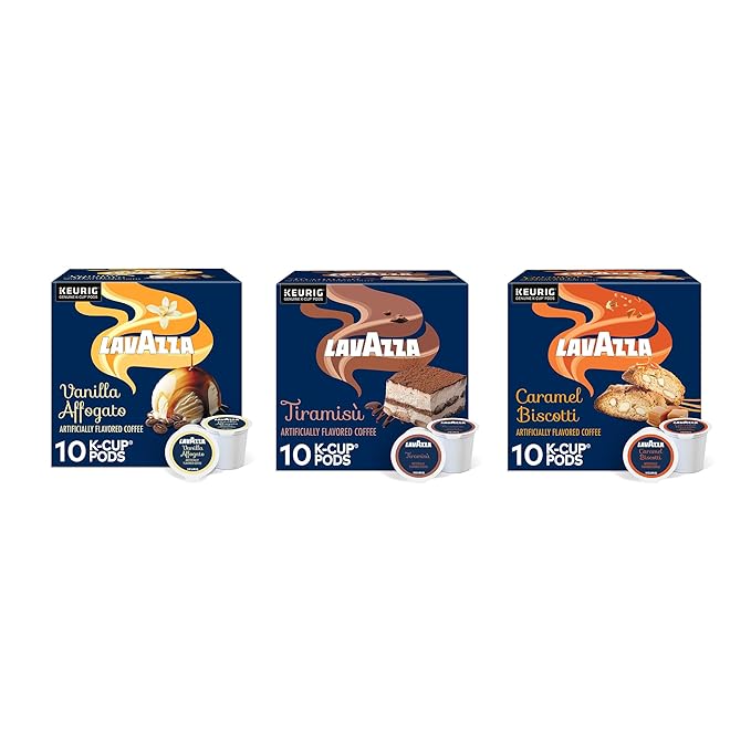 Lavazza Keurig® K-Cup® Flavor Variety Pack Light-Medium Roast (30 Pods: 10 Tiramisu 10 Vanilla Affogato 10 Caramel Biscotti)