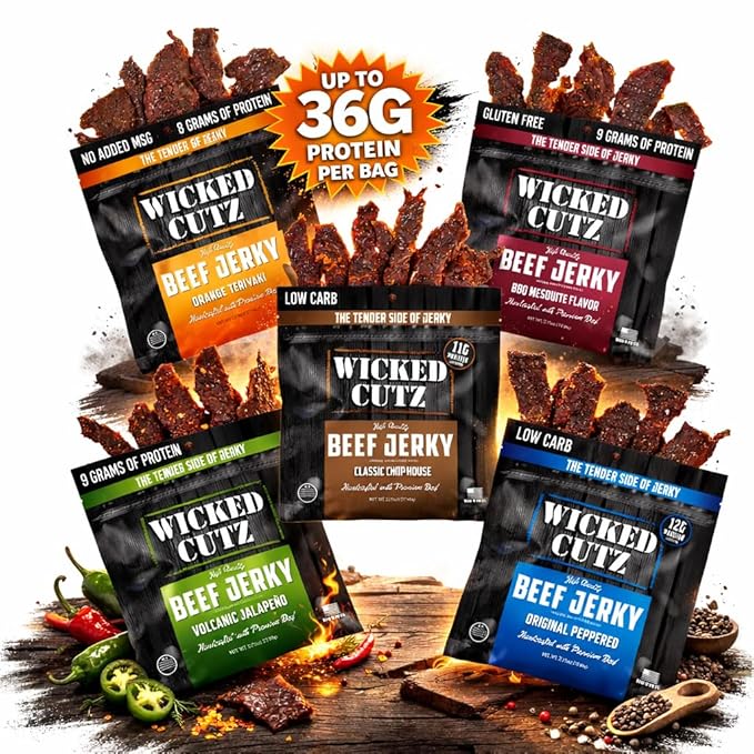 Wicked Cutz Beef Jerky Variety Pack | 5 Flavors Up to 36g Protein Per Bag | Tender Easy to Chew USA Made High Protein Carnivore Snacks | Unique Gifts for Men (5 Bags)