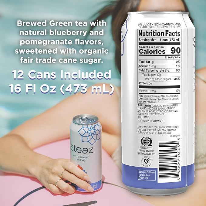 Steaz - Organic Green Tea - Blueberry Pomegranate (12 Pack) - Antioxidant Brew - 65mg Natural Caffeine 90 Calories Vitamin C - Cane Sugar Sweetened Iced Tea - Vegan - 12 Cans 16 fl oz (473mL)