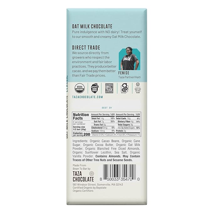 Taza Chocolate Organic Oat Milk Chocolate Bar Classic 2.5 Ounce (10 Count) Vegan