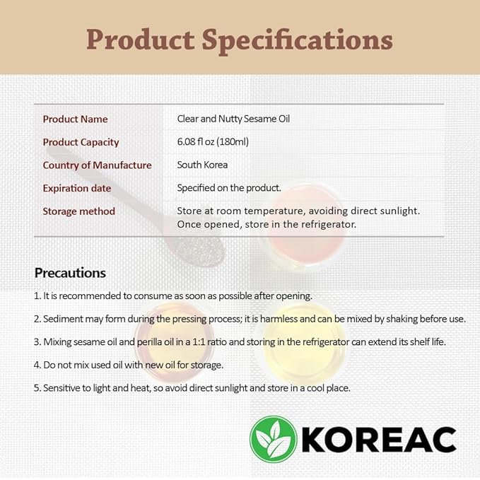 KOREAC_ 한국 참기름 Korean Mildly Roasted Pure Sesame Oil 180ml (100% Korean Sesame Seeds)