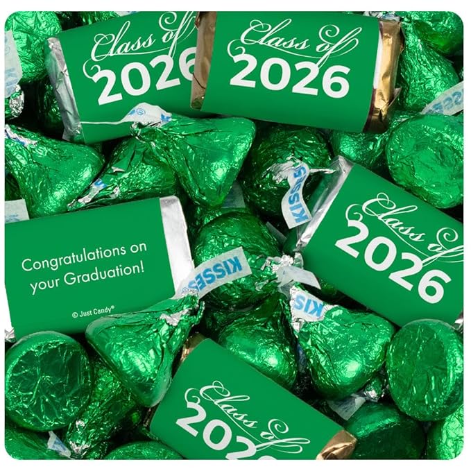 124 Pcs Green Graduation Candy Party Favors Assorted Wrapped Miniatures &amp Green Kisses (1.52 lbs Approx. 124 Pcs)