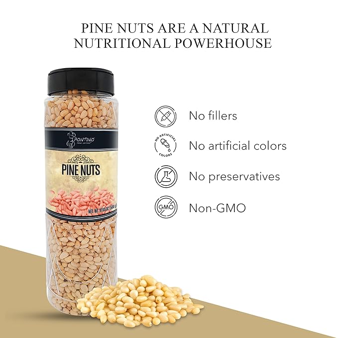 Pontino Raw Pine Nuts - Unsalted &amp Crunchy - Whole Pine Nuts for Snacking Topping Baking Pesto - All Natural &amp Non-GMO - 17.64oz (500g)