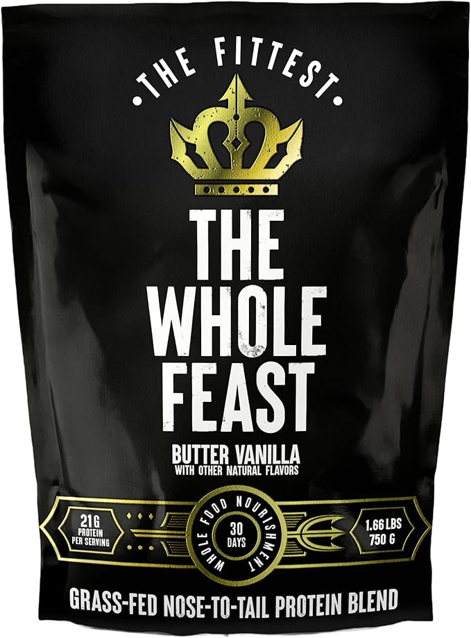 The Fittest Whole Feast Beef Protein Powder - Butter Vanilla - Grass Fed Nose to Tail Carnivore Blend Including Liver Colostrum and Whole Bone - BCAAs - 14g Collagen - 21g Total Protein
