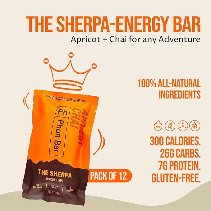 Phun Bar The Sherpa Energy Bars (Pack of 12) | Apricot + Chai | 7g Plant-Based Protein | Gluten-Free Sports Energy Bars for Hiking Trails &amp Outdoor Days