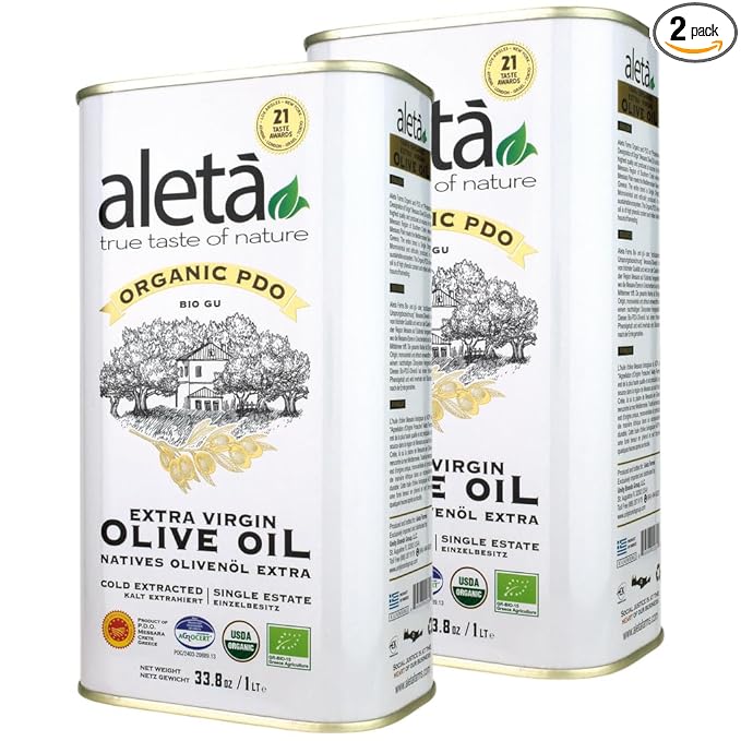 Aleta Farms Olive Oil Extra Virgin USDA Organic Single Estate PDO Polyphenol Rich Olive Oil Cold Pressed Global Gold Awards Kosher 33.8 Fl oz (1 Ltr) Pack of 2