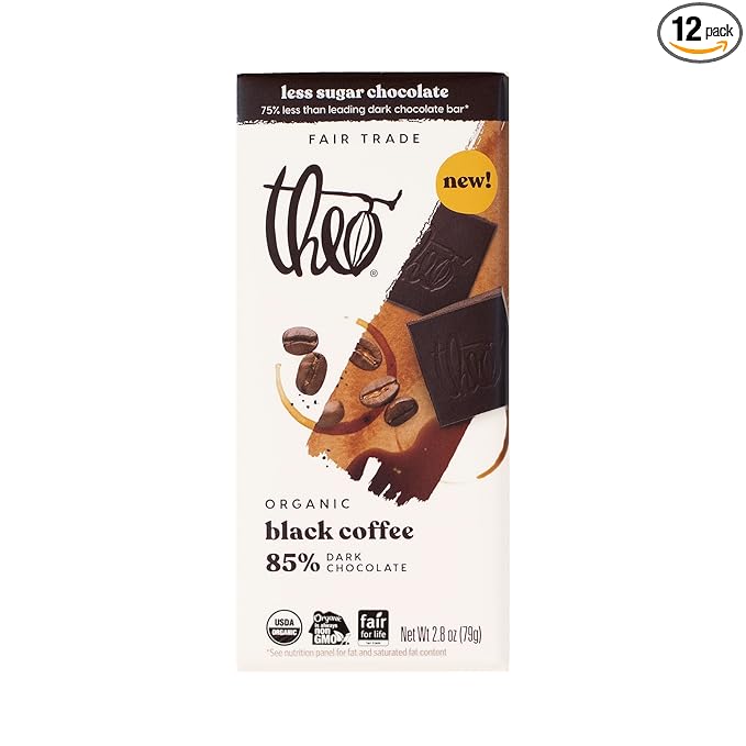 Theo Chocolate Black Coffee Organic Dark Chocolate Bar 85% Cacao 12 Pack | Vegan Fair Trade