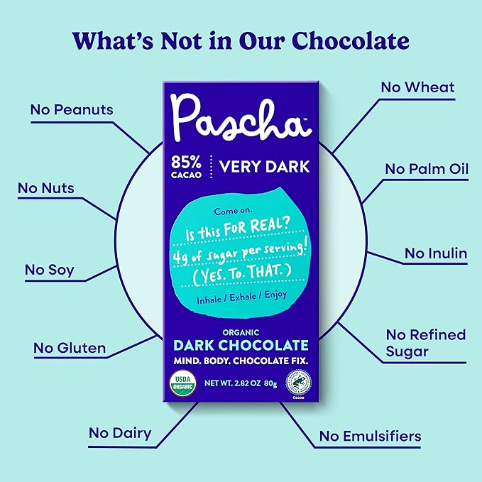 Pascha Organic Dark Chocolate Bars 85% Cacao Gluten Free &amp Non GMO 2.82 oz (Pack of 10)