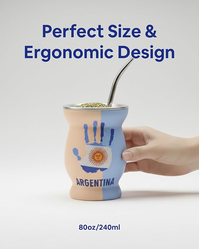 Yerba Mate Cup Set – Complete Argentine Yerba Mate Kit - 750 ml Stainless Steel Bottle Mate Gourd Bombilla Neoprene Bag Yerba Container &amp Gift Box (Mano Argentina)