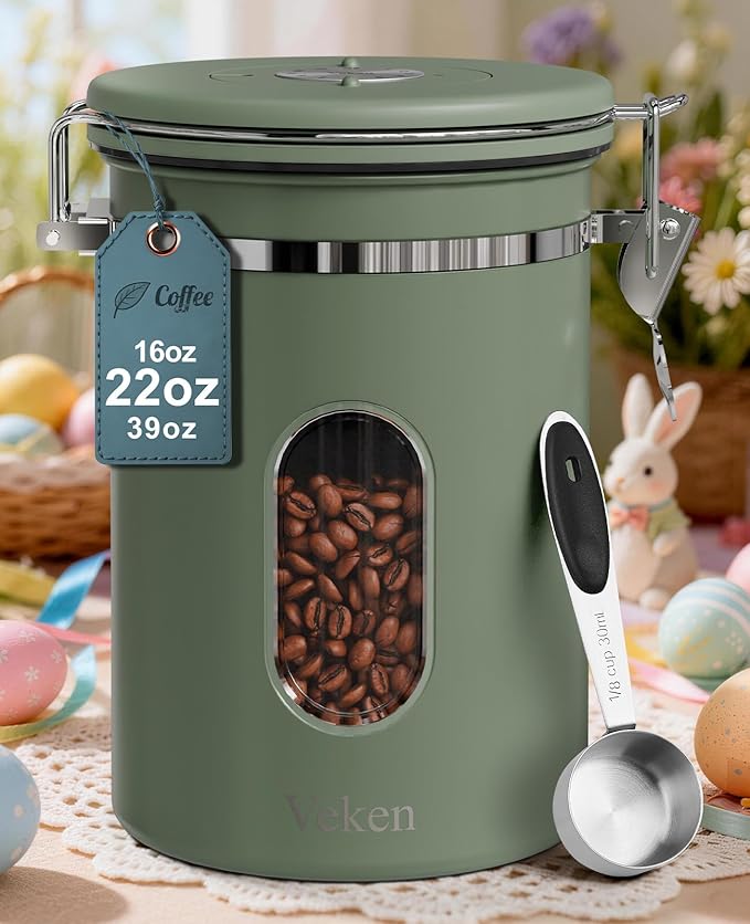 Veken Coffee Canister with Window Easter Gifts Airtight Stainless Steel Container with Lids Home Kitchen Food Storage Jars for Grounds Beans Tea Flour Cereal Sugar Basket Scoop 22OZ Green