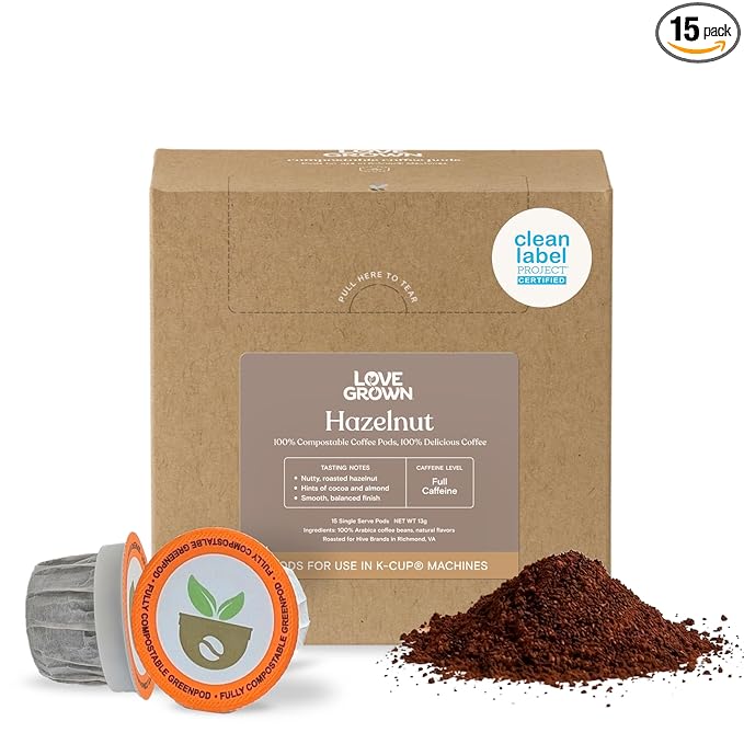 Love Grown Compostable Coffee Pods -Compatible With Most Major Coffee Pod Brewer - 100% Arabica Plastic-Free Non-GMO - Hazelnut Box of 15