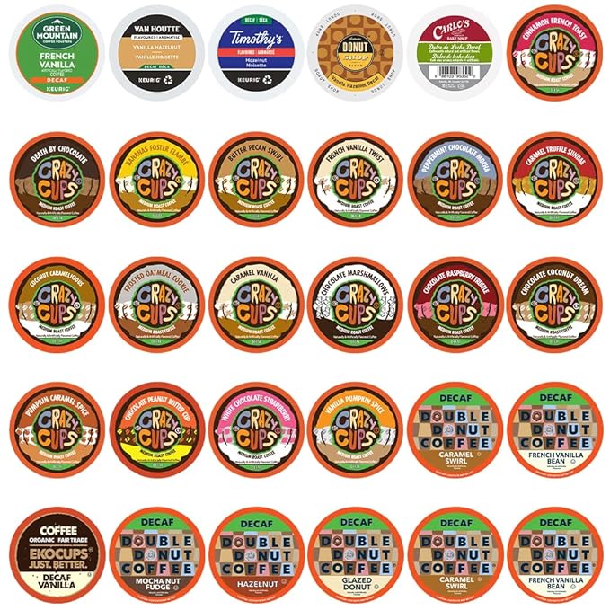 Crazy Cups Flavored Decaf Coffee Pods Variety Pack Sampler Assorted Single Serve Decaffeinated Coffee Capsules for Keurig K Cups Brewers 30 Flavored Decaf Coffees - No Duplicates