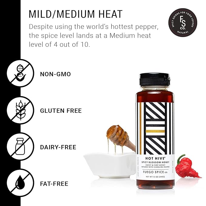 HOT HIVE Honey with Organic Carolina Reaper Pepper by Fuego Spice - 12 Oz - Made with Apple Cider Vinegar - Squeeze it on a BBQ Chicken Wings or Try it on a Taco - Heat Level: 4/10