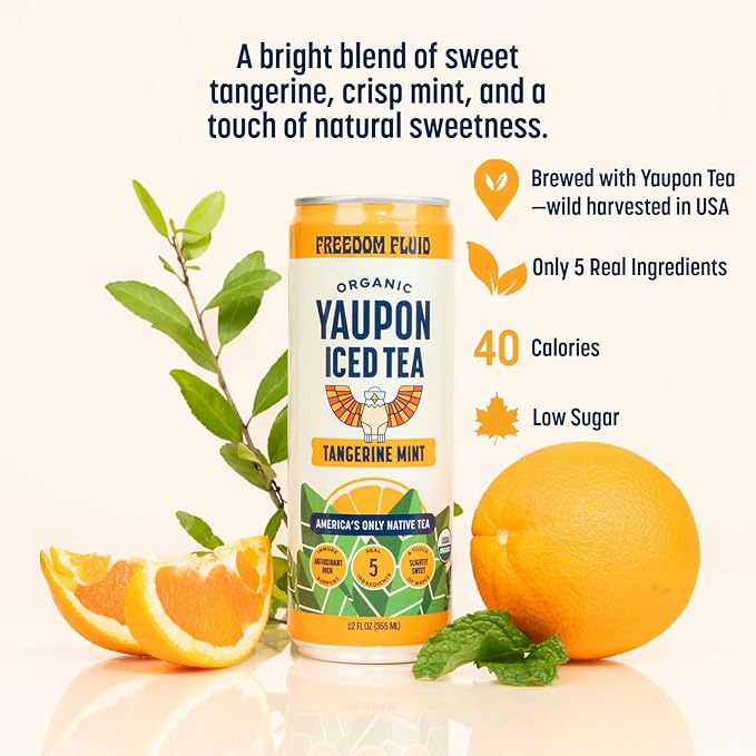 Freedom Fluid Organic Yaupon Iced Tea – Tangerine Mint | Herbal Tea Drink | Lightly Sweetened Low Sugar Low Calories Real Brewed Tea Clean Ingredients Antioxidant Rich Natural Caffeine 12 Pack