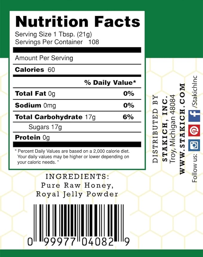 Stakich Royal Jelly Enriched Raw Honey - Pure Unprocessed Unheated - 5 Pound (80 Ounce)