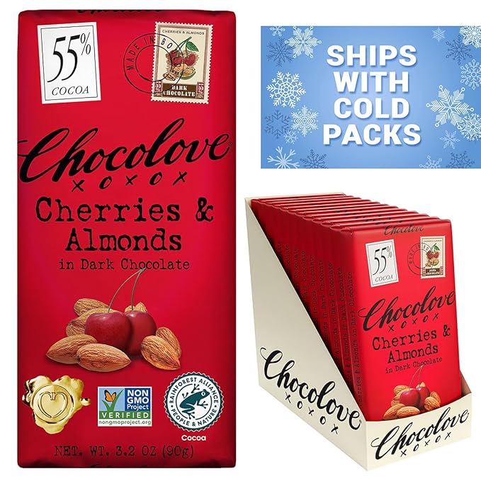 Chocolove Cherry &amp Almonds Dark Chocolate Bars | 55% Cocoa | Infused with Real Cherries &amp Crunchy Almonds | Crafted with Premium Chocolate | 3.2 oz Bar (12 Pack)