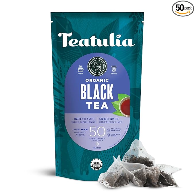 Teatulia Organic Black Tea Bags (50 Pyramid Sachet Teabags) 100% Compostable and Sustainably Grown In Bangladesh. Pure Black Tea Strong English Breakfast