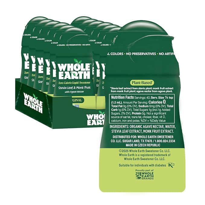 Whole Earth Stevia &amp Monk Fruit Liquid Sweetener Original No Erythritol Squeeze Bottle 1.62 Fl Oz (Pack of 12)