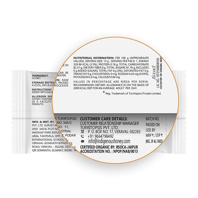 INDIGENOUS HONEY Organic Natural Wild Honey Raw Pure Unprocessed Added Sugar Free NMR Tested Unpasteurized Unheated 15 Sachets Gift Pack 15g Each Total 225g