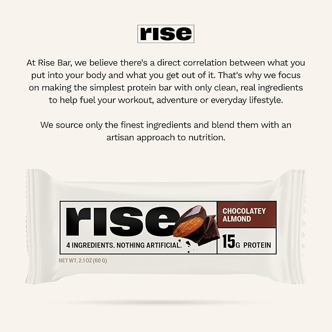 Rise Whey Protein Bars - Chocolatey Almond | Breakfast Bar &amp Protein Snack 15g Protein 5g Fiber Just 4 Whole Food Ingredients Gluten-Free Soy Free