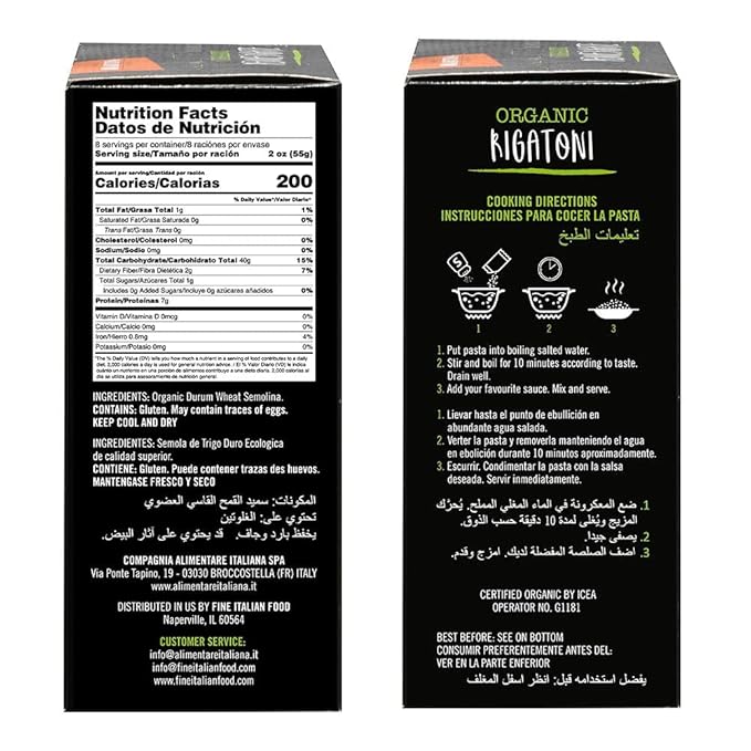 Mantova Italian Organic Rigatoni Pasta - 100% Durum Semolina Organic Rigatoni - 1 Pound (Pack of 6) - Product Of Italy