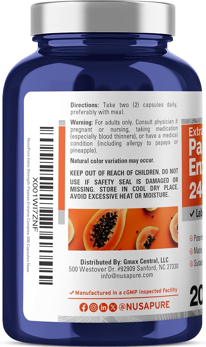 NusaPure Papaya Papain Enzyme Complex 240000 PU - 200 Veggie Caps - Suitable for Vegetarian Vegan Non-GMO