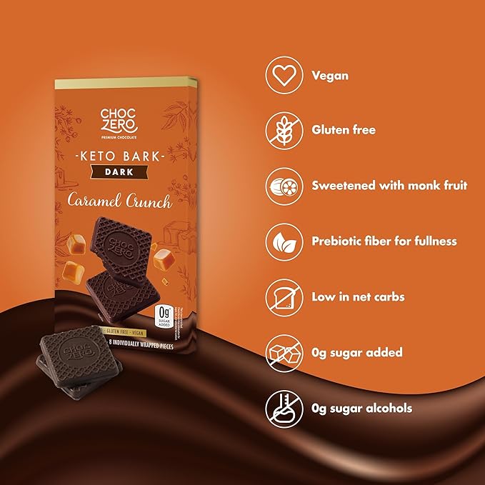ChocZero Dark Chocolate Caramel Crunch Bark Sugar Free Vegan Low Carb High Fiber Keto Friendly No Sugar Alcohols (4 Count 3.2oz Boxes)