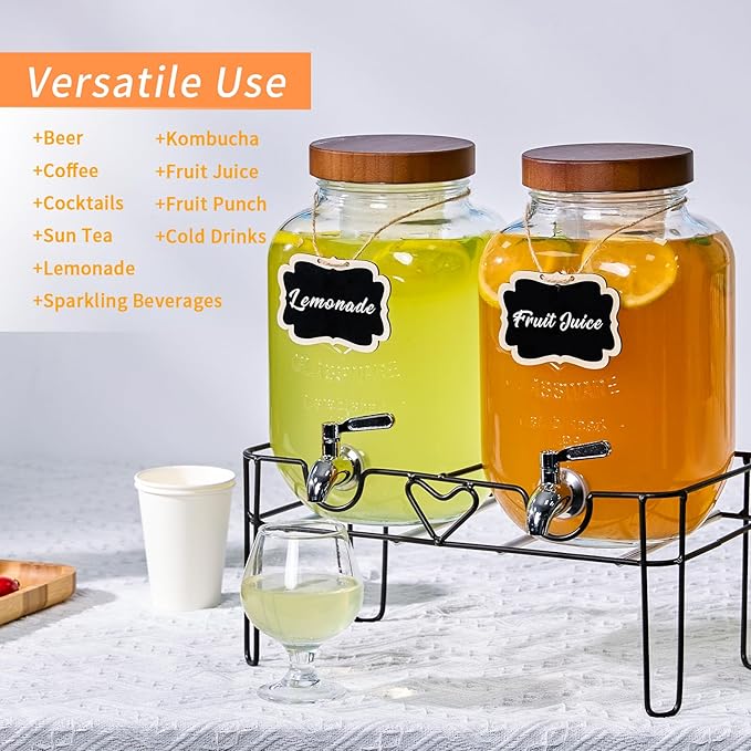 2 Pack1Gallon Glass Drink Dispenser with Stand&ampBamboo Lids&ampFruit Infuser304 Stainless Steel Leak-Proof SpigotBeverage Dispenser for PartiesWater Sangria Juice Sun Tea Lemonade(Brown)