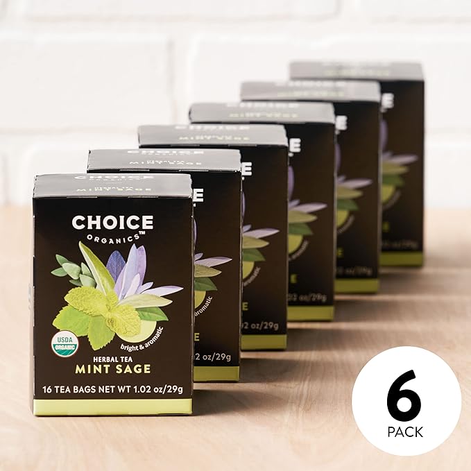 Choice Organic Mint Sage Herbal Tea Caffeine Free 16 Bags (Pack Of 6)