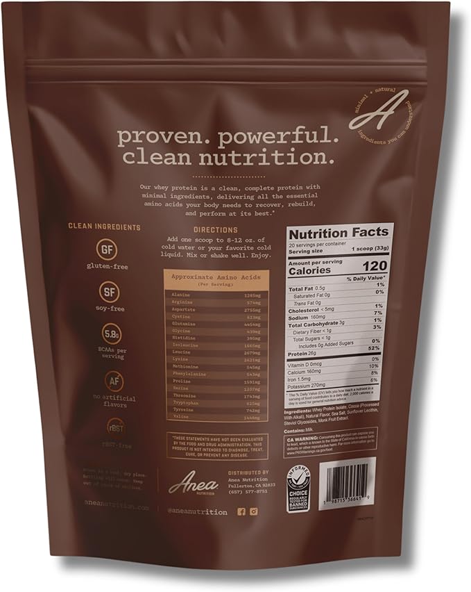 Anea Whey Protein Isolate - Chocolate | 26g Protein | 5.8g BCAAs | Low Carb 3g Carbs | Complete Amino Acids | Gluten-Free Soy-Free | Lean Muscle &amp Recovery | Made in GMP Facility