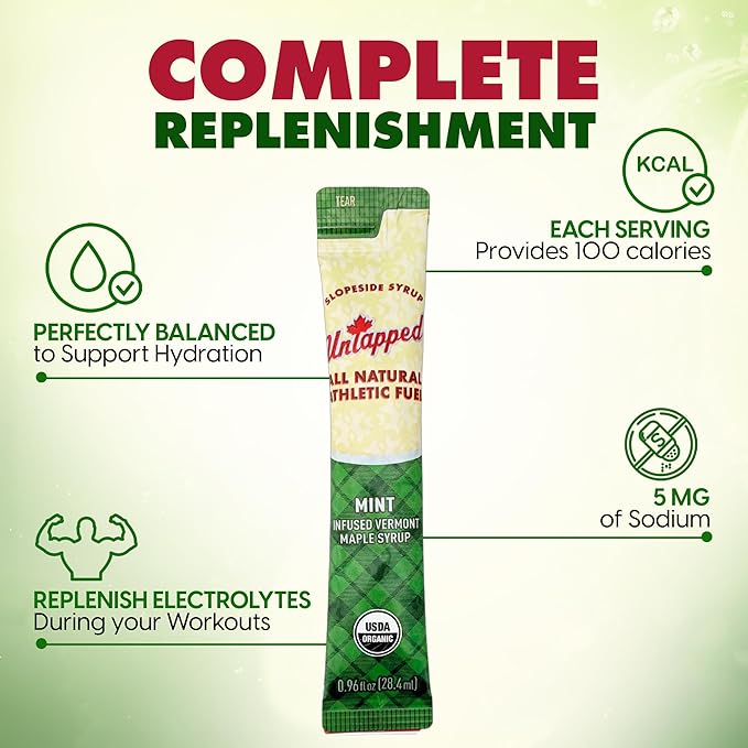 UnTapped Mint Maple Syrup Energy Gels 20 Gels | Organic Pure Vermont Maple Syrup with Real Mint | Gluten-Free Low Glycemic | Natural Fuel for Running Cycling &amp Endurance