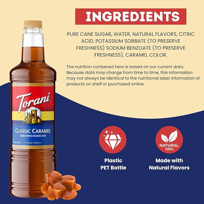Torani Classic Caramel Syrup 1 Liter Bottle with Pump – Premium Coffee Flavoring with Pure Cane Sugar Natural Caramel Flavor for Lattes Desserts Cocktails &amp More