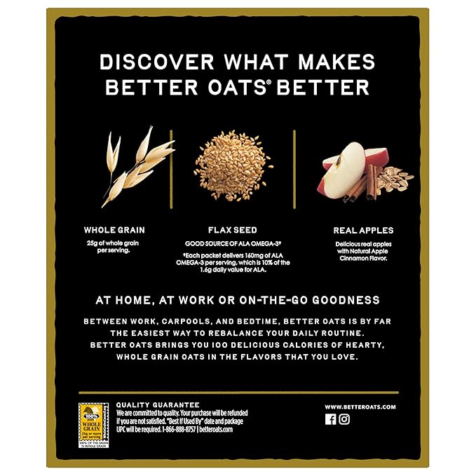 Better Oats 100 Calorie Apples and Cinnamon Oatmeal Packets Instant Breakfast with Flax Seeds and Natural Apple-Cinnamon Flavor Quick Cooking Box of 10 Pouches (Pack of 6)