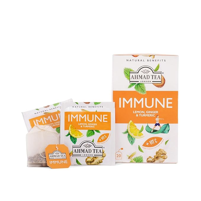 Ahmad Tea Herbal Tea Lemon Ginger Turmeric &amp Vitamin C 'Immune' Natural Benefits Teabags 20 ct (Pack of 6) - Decaffeinated &amp Sugar-Free