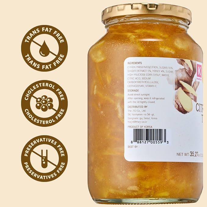 KPANTRY Korean Yuja Tea (Honey Citron &amp Ginger) - Yuzu Marmalade Concentrate with Real Citrus Slices affeine-Free – Hot/Iced Tea Spread &amp Smoothie Mix - 35.27 oz x 2 Jars (70.5 oz Total)