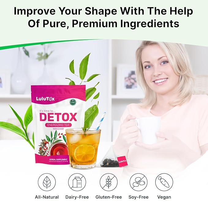 LULUTOX Detox Tea - Herbal Blend with Dandelion Ginseng and Ginger - Supports A Healthy Weight Digestive Health - Vegan All Natural Laxative-Free - Peach Flavor (3 Pack x 28 Servings)