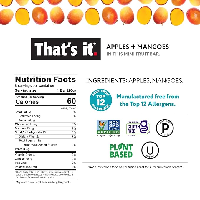 That's it. Apple + Mango 100% Natural Real Fruit Bar Best High Fiber Vegan Gluten Free Healthy Snack Paleo for Children &amp Adults Non GMO No Sugar Added No Preservatives Energy Food (12 Pack)