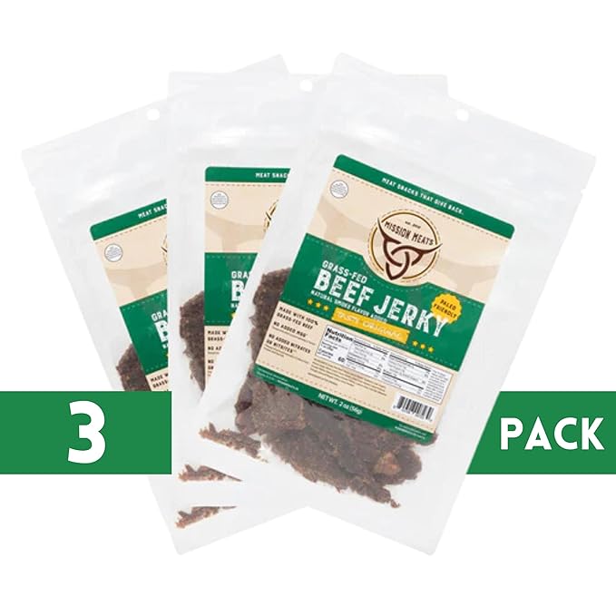 Mission Meats Beef Jerky Original 100% Grass Fed Beef 10g Protein per Serving Delicious &amp Tender – Paleo Keto Carnivore &amp Whole 30 Friendly 2oz Bags (Pack of 3)