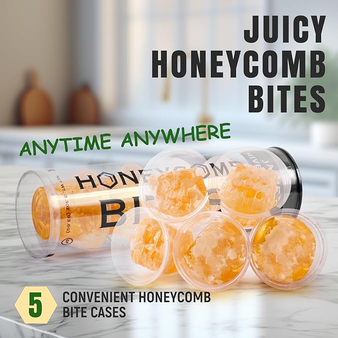 Jamie's Hive To Table Bites &amp Infused Honey Gift Set (3.3 Oz 5 Bites &amp 3x12 Oz Squeeze Bottles) – Raw Honeycomb with Bee Pollen and Propolis &amp Hot Lemon and Cinnamon Flavored Honey
