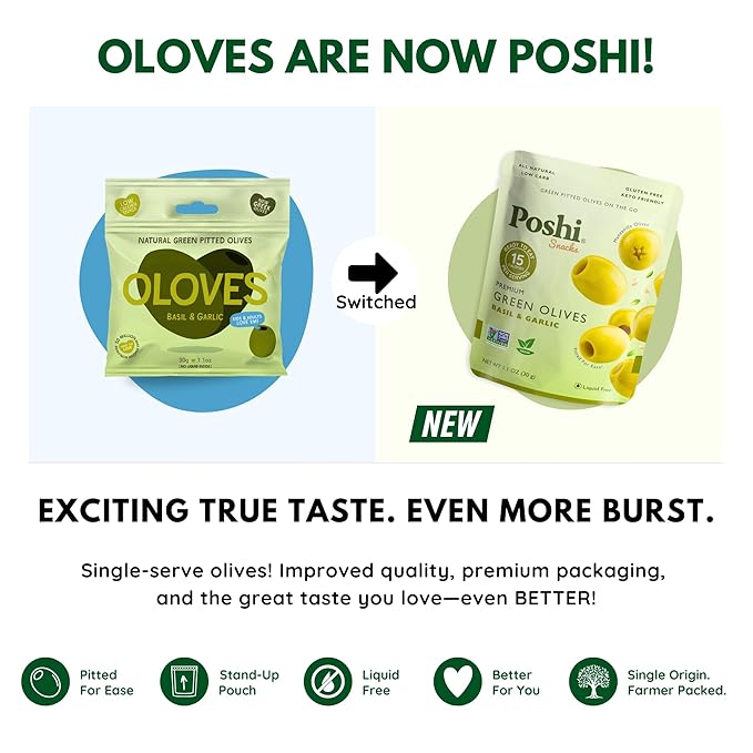 POSHI Green Pitted Olives - Basil &amp Garlic | Vegan Kosher Gluten Free + Keto Friendly Fresh Low Calorie Healthy Snacks | (30 Pack 1.1oz Bags)