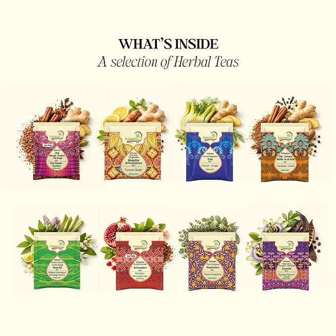 Adanim Bio Vitality Organic Herbal Tea Sampler Gift Box Caffeine Free 8 Unique Flavors for Tea Lovers 64 Individually Wrapped Tea Bags Variety Pack Tea Set