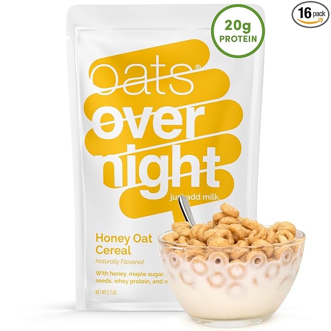 Oats Overnight Honey Oat Cereal - Overnight Oats with 20g Whey Protein High Fiber Breakfast Protein Shake - Gluten Free Oatmeal Non GMO High Protein Oatmeal (2.7 oz per Meal) (16 Pack)
