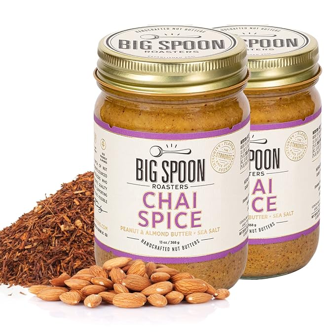 Big Spoon Roasters Chai Almond &amp Peanut Butter w/Raw Honey &amp Sea Salt - Keto Friendly Low Sugar Almond Butter - Crunchy Almond Butter w/Bee-Friendly Almonds - Gourmet Vegan Nut Butter - 2 x
