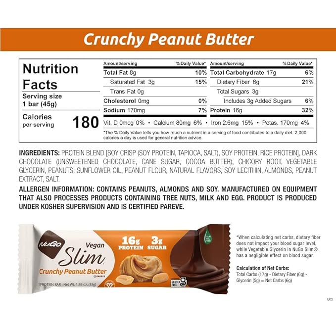 NuGo Slim Vegan Variety - Crunchy Peanut Butter 12 bars &amp Chocolate Mint 12 bars Low Net Carb Keto Friendly 16-17g Plant Based Protein Gluten Free 24 count